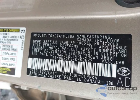 2007 Toyota Corolla Le из США, поврежденный, VIN 2T1BR32E27C760682